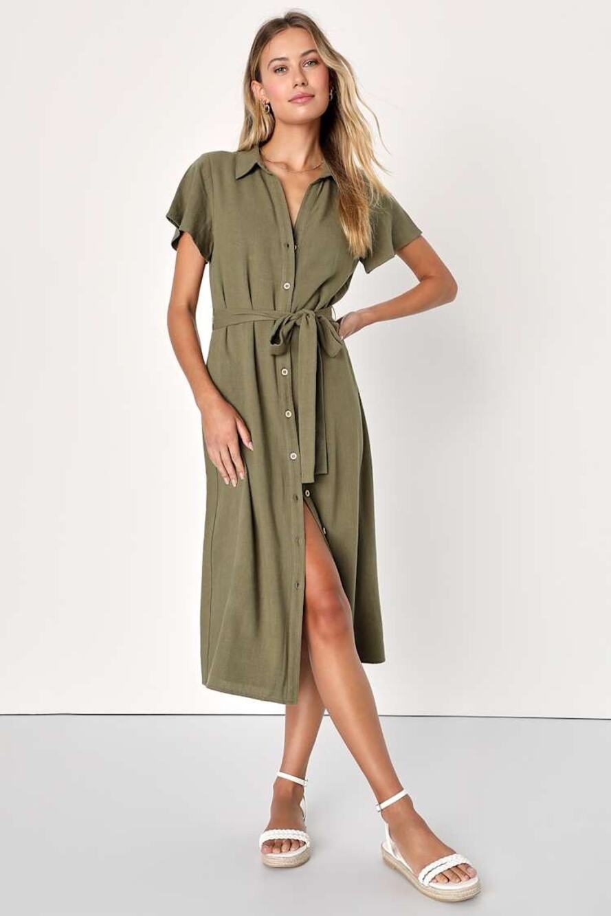 NWT Lulus Italian Summer Olive Green Linen Button-Up Short Sleeve Dress Size M